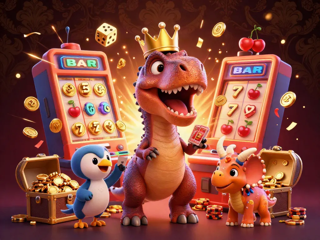 Experience excitement at uk88 with a T-Rex shuffling cards at a vibrant casino scene.