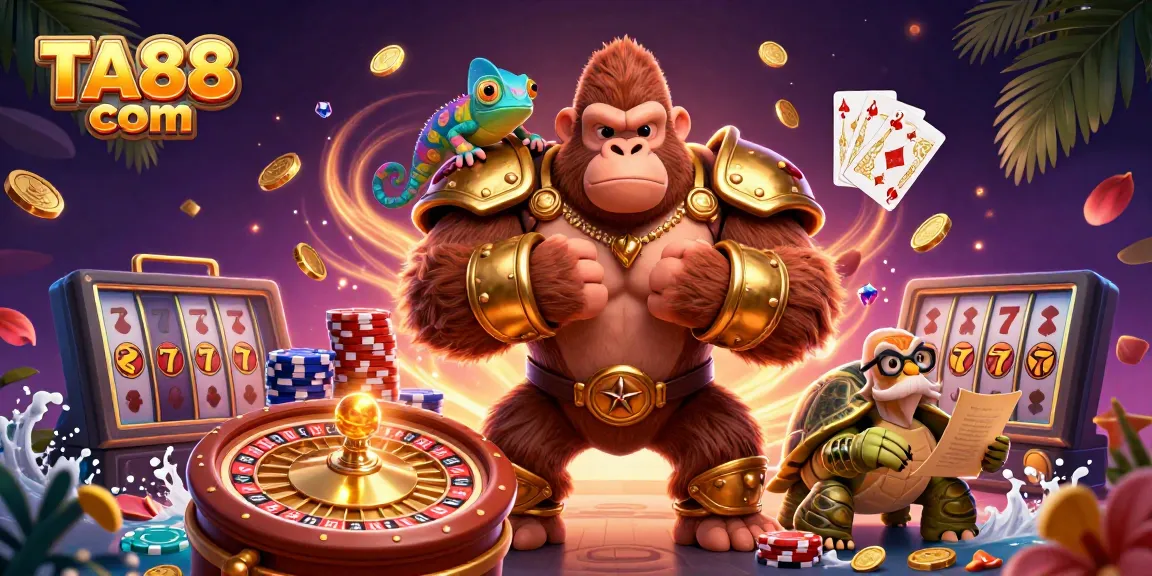 Experience thrilling gameplay action with TA88 com's vibrant casino scene featuring a gorilla king and treasures.