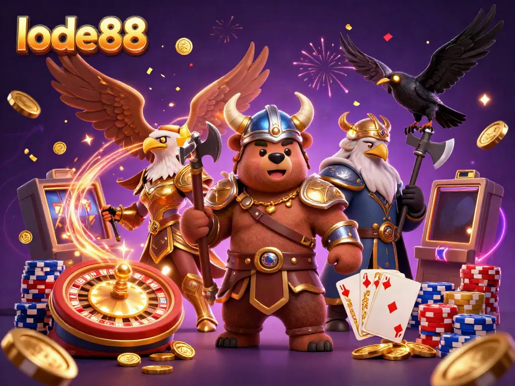 Join in the excitement with a vibrant lode88-themed 3D casino scene, featuring dynamic characters amidst flying coins and exhilarating game elements.