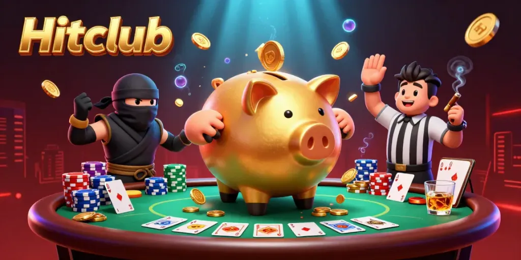Hitclub features a dynamic scene with a sumo wrestler, ninja, and samurai engaging in a vibrant gambling showdown.
