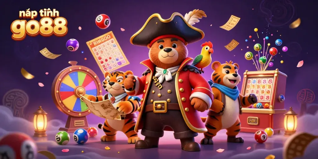 Engage in nạp tiền go88 with an exciting 3D illustration featuring pirate, tiger, and parrot amidst lottery elements.