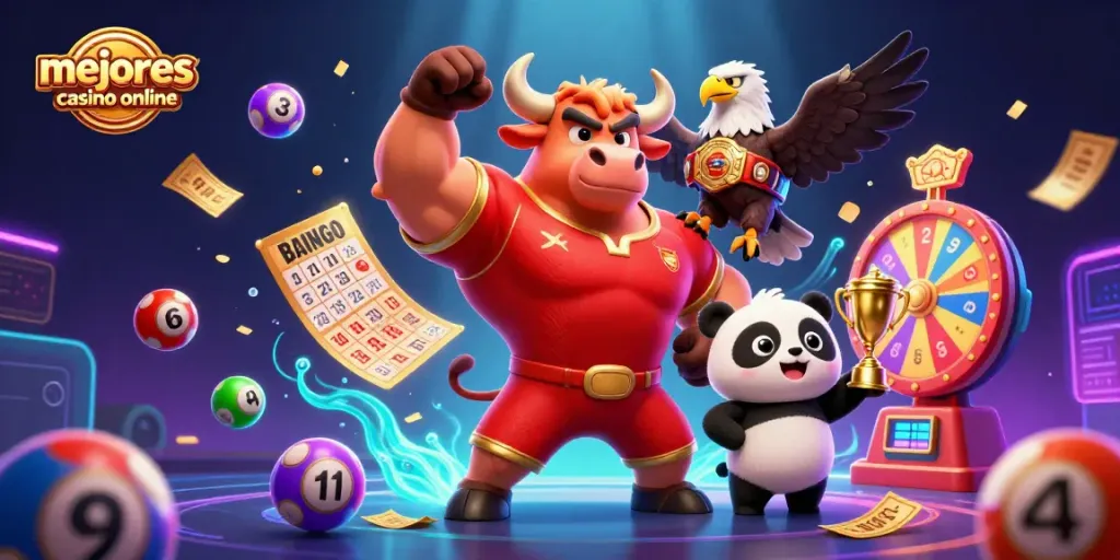 Gana en los mejores casinos online mientras disfrutas de un emocionante juego con un toro musculoso, un águila y un panda.