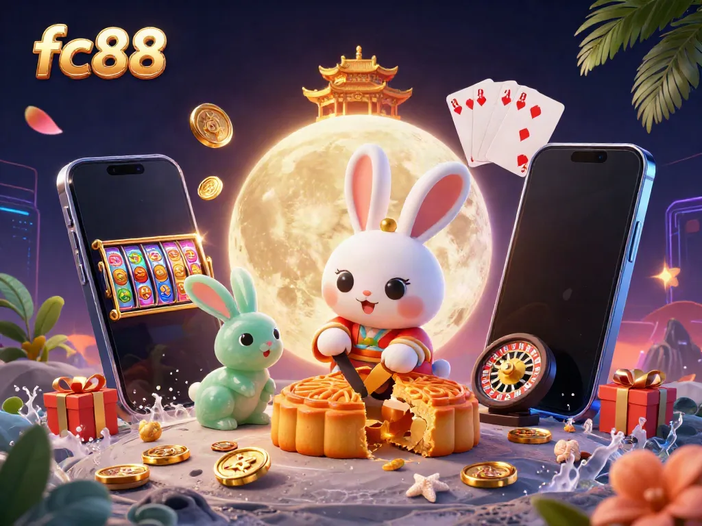 Experience thrilling casino fun with the fc88-themed rabbit pounding mooncakes revealing poker chips on the moon.