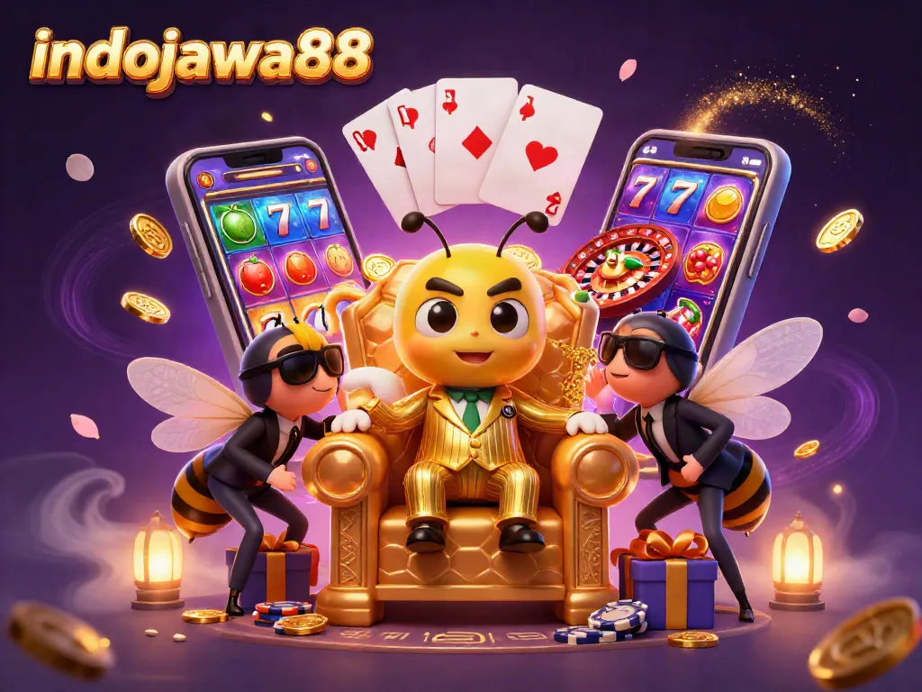 Indojawa88 merayakan kemenangan slot dengan simbol buah dan chip poker di ruangan yang menakjubkan.