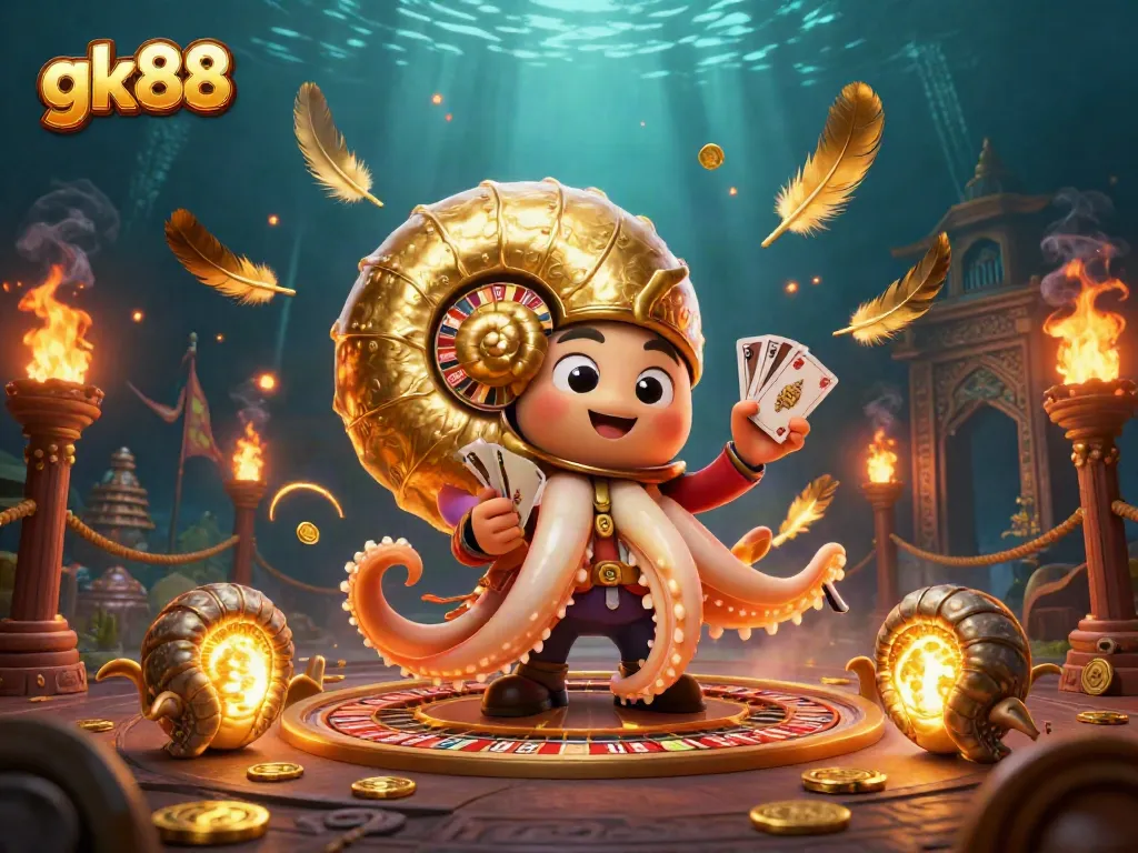 Win big at gk88's vibrant 3D casino scene with a nautilus roulette wheel and glowing companions.