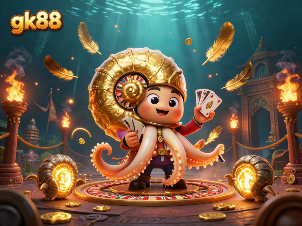 Win big at gk88's vibrant 3D casino scene with a nautilus roulette wheel and glowing companions.