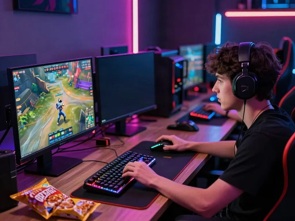 Engaged player at https://man88.hair/ gaming setup with dual monitors and vibrant lights.