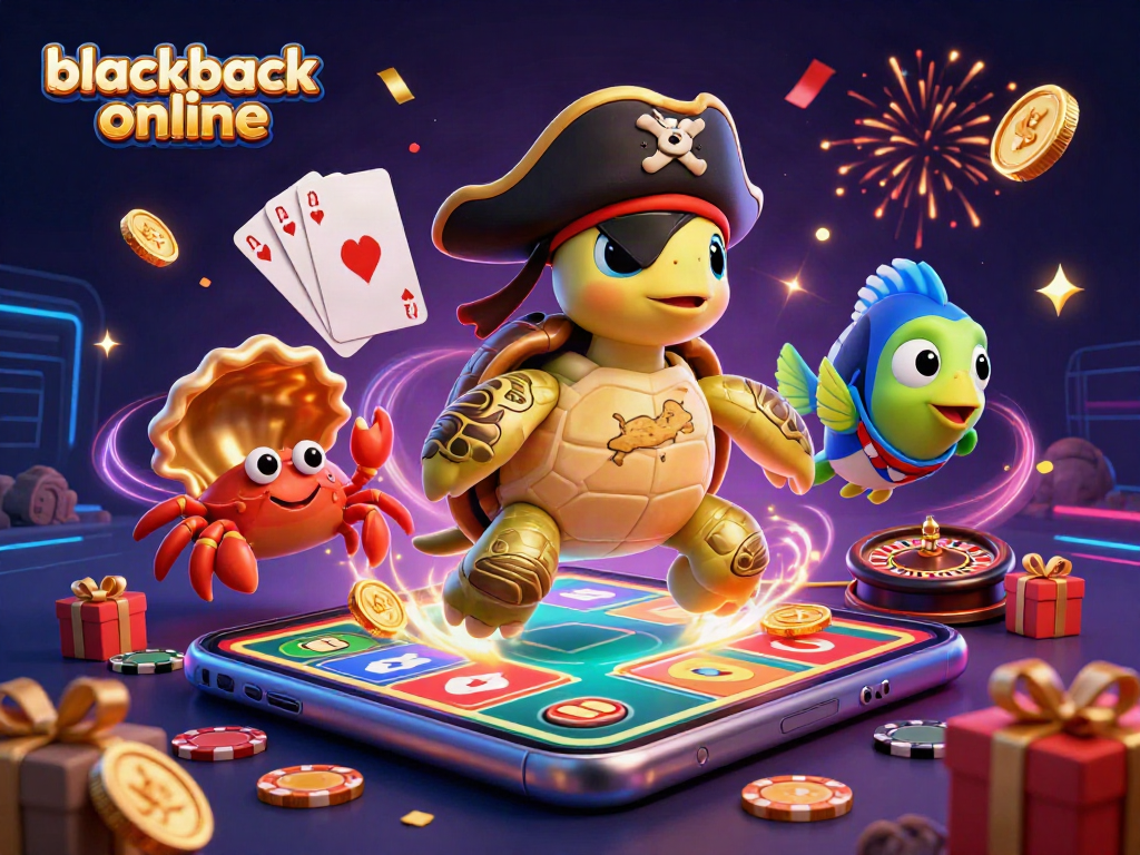 Juega blackjack online en una emocionante escena de casino con personajes animados y elementos vibrantes.