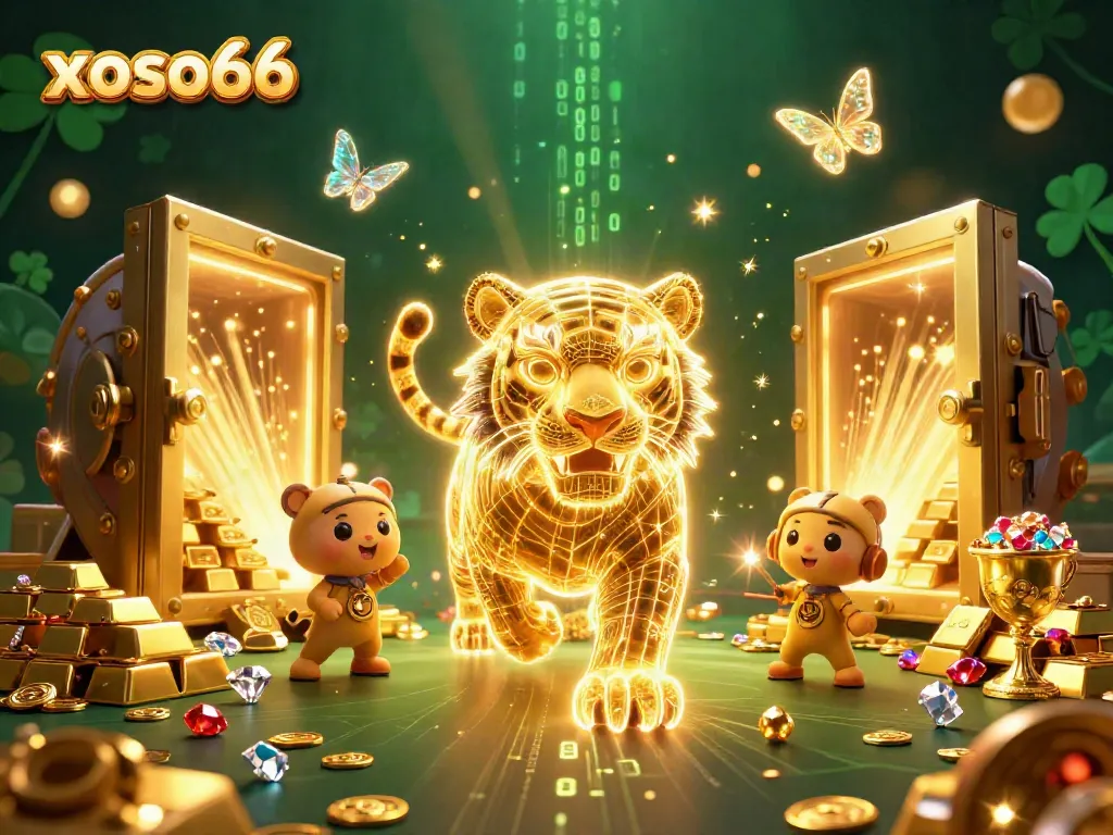 Engage with xoso66's vibrant digital casino landscape featuring a golden tiger and treasures.