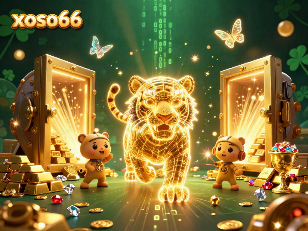 Engage with xoso66's vibrant digital casino landscape featuring a golden tiger and treasures.