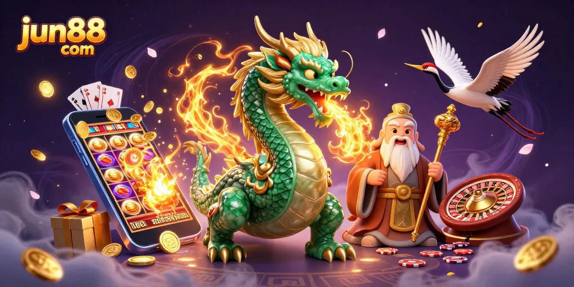 Engage with jun88 com in a vibrant casino world featuring dragons and lucky cranes amid dynamic gaming elements.