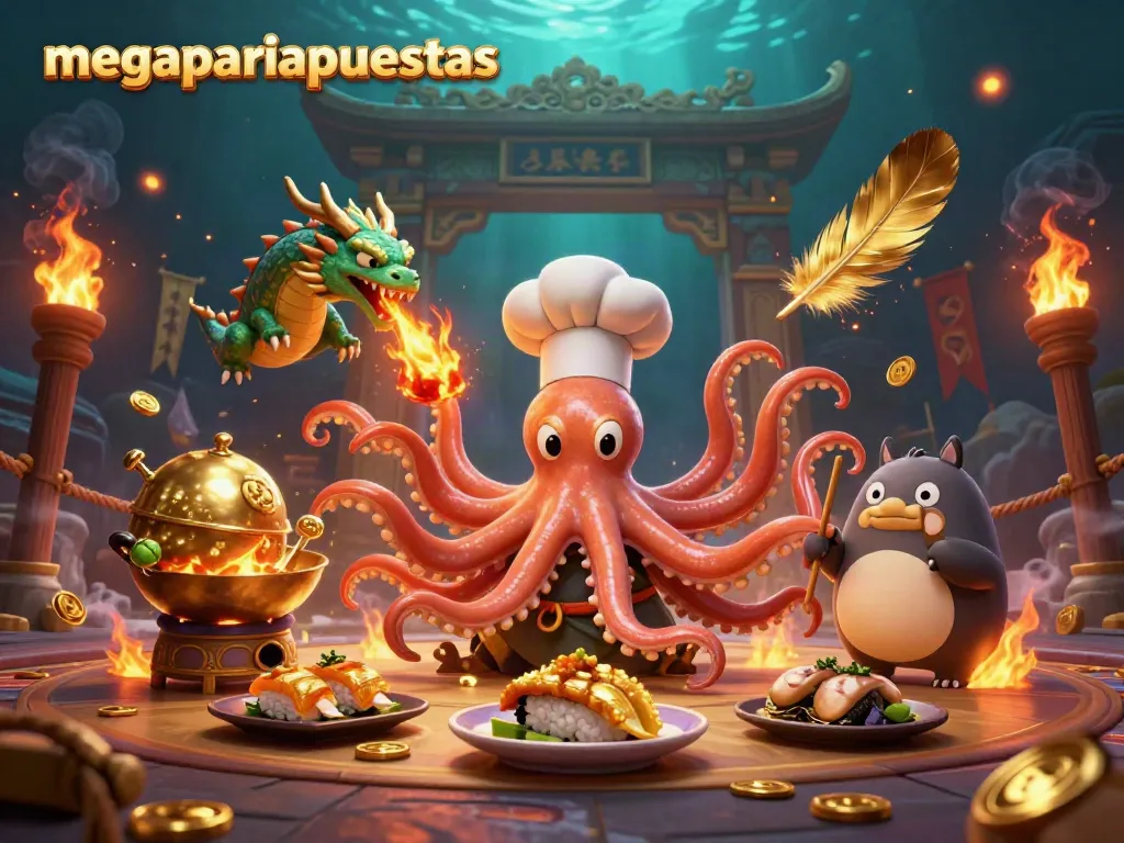 Gana con megapariapuestas en una vibrante ilustración del casino online con un pulpo chef y un dragón.