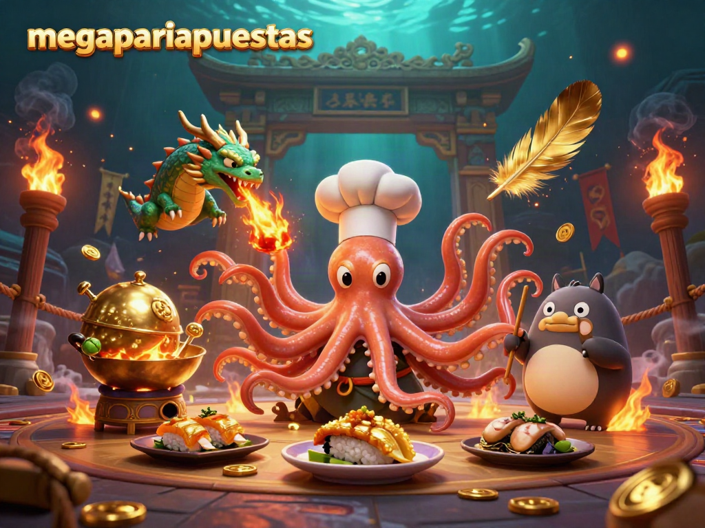 Gana con megapariapuestas en una vibrante ilustración del casino online con un pulpo chef y un dragón.