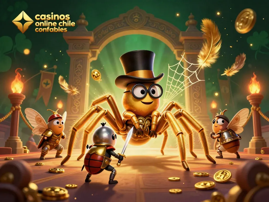 Juega y gana en casinos online chile confiables con tarántulas doradas y caballero en un entorno vibrante.