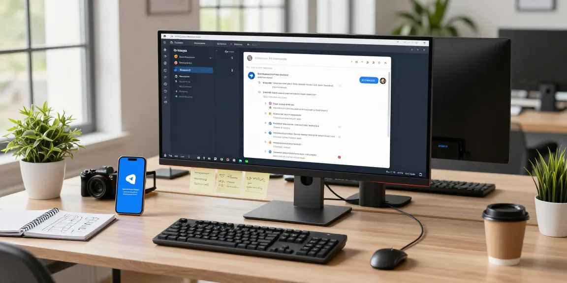 Developer using Telegram Web Version on a wide monitor in a modern workspace with tech gear.