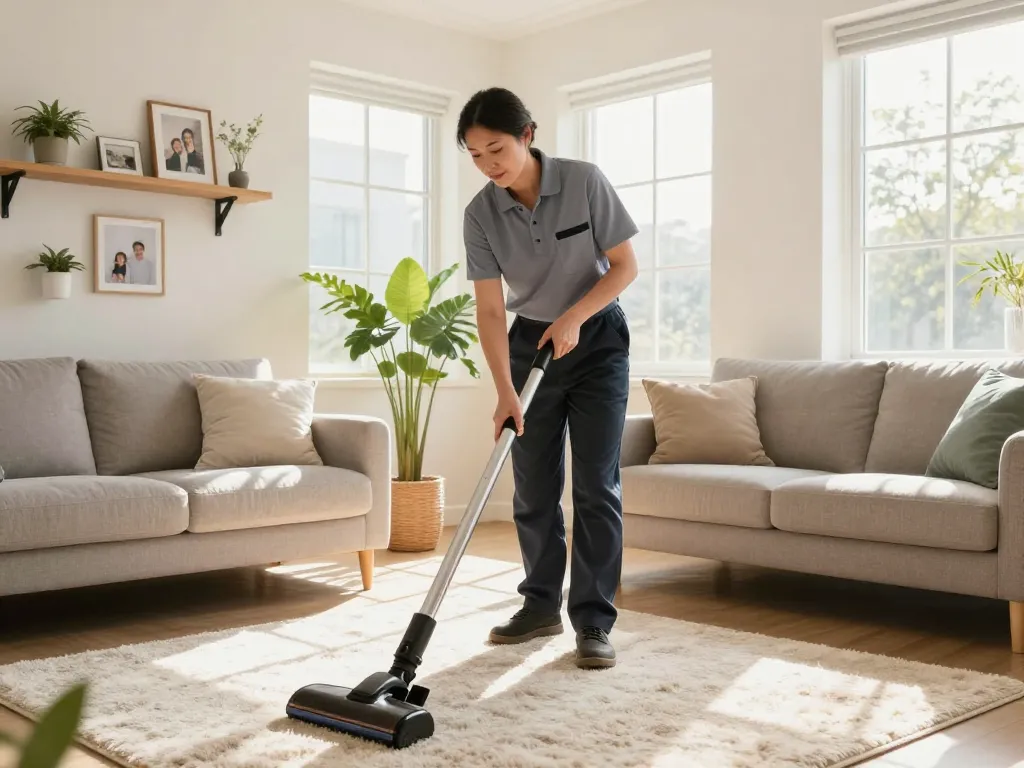 Limpiador profesional brindando servicios a domicilio en un ambiente acogedor del hogar.