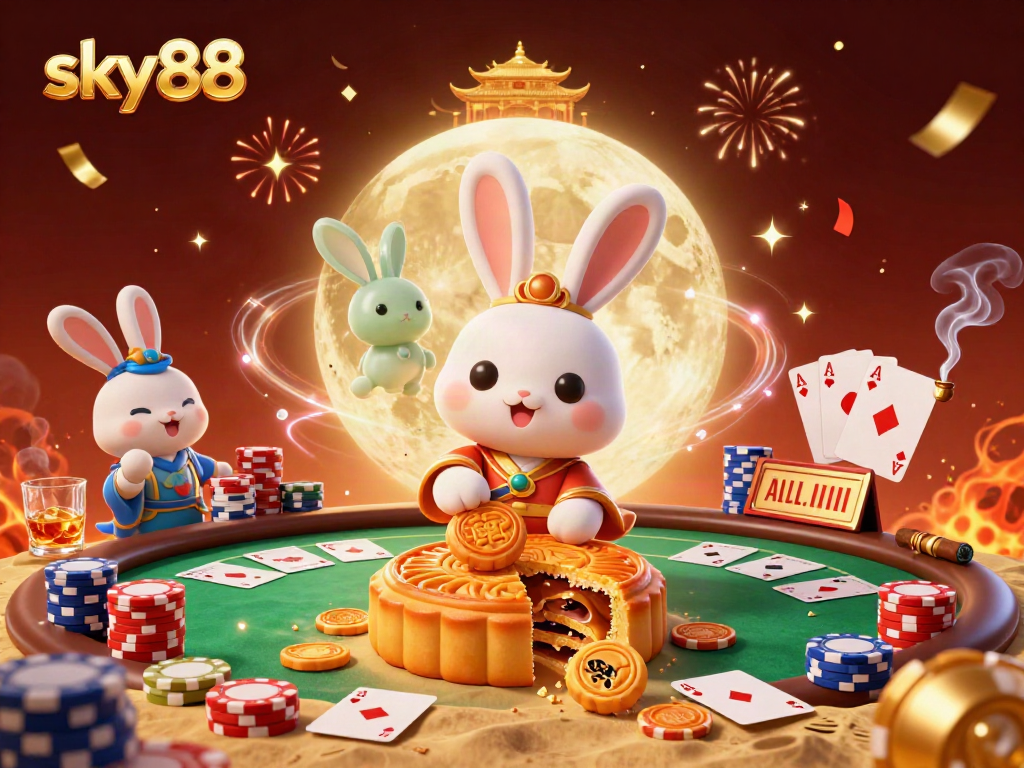 Experience gaming excitement with sky88 moon rabbit revealing poker chips amidst vibrant casino elements.