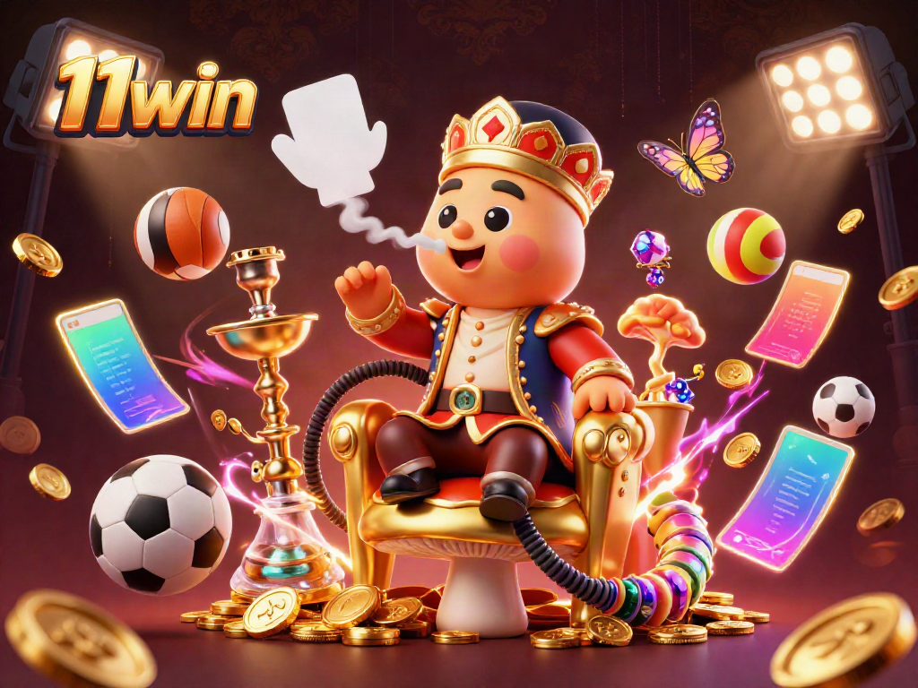 A vibrant illustration showcasing the 11win experience, featuring a caterpillar in a sultan outfit surrounded by poker symbols and sports elements.