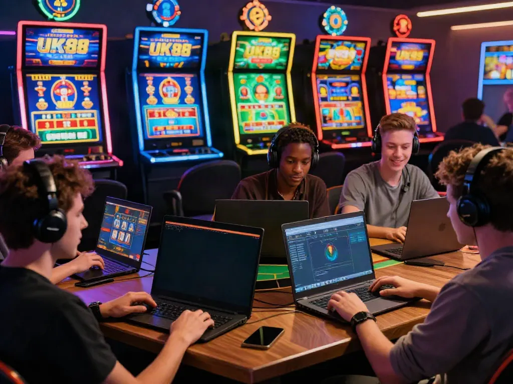 Players engaging in sports betting and casino games on UK88, showcasing excitement and technology.