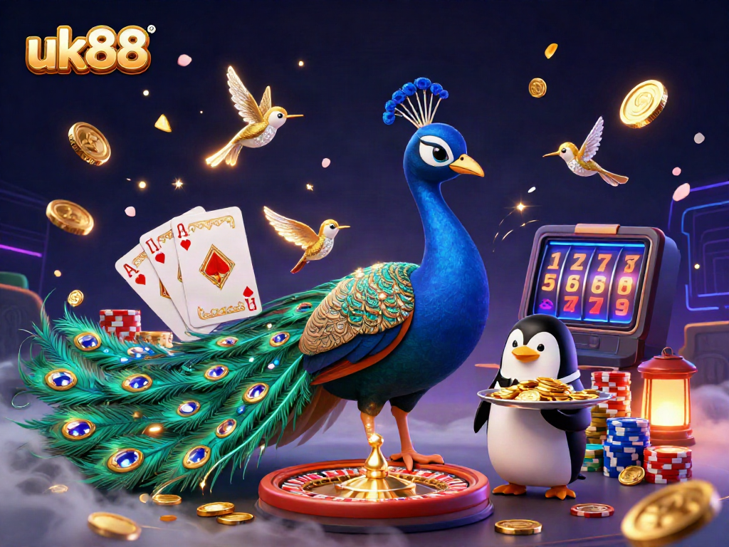 Experience the vibrant energy of uk88 with a dazzling casino illustration featuring a majestic peacock, butler penguin, and golden hummingbird.