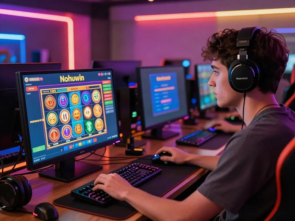 Nohuwin gaming hub with a player engaged in a colorful slot game, showcasing excitement and immersive experience.