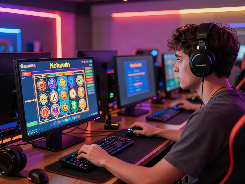 Nohuwin gaming hub with a player engaged in a colorful slot game, showcasing excitement and immersive experience.