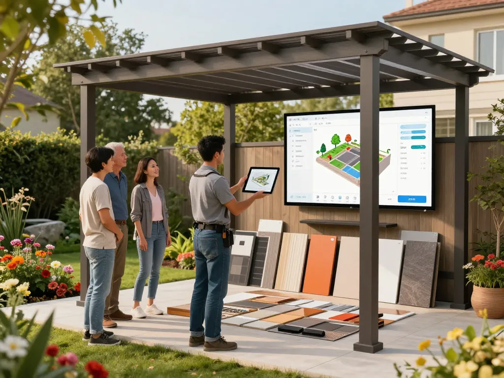 Configuración 3D en tiempo real de presupuestos para pérgolas y verandas en un entorno de jardín al aire libre, mostrando a un instalador y clientes involucrados en el proceso de diseño.