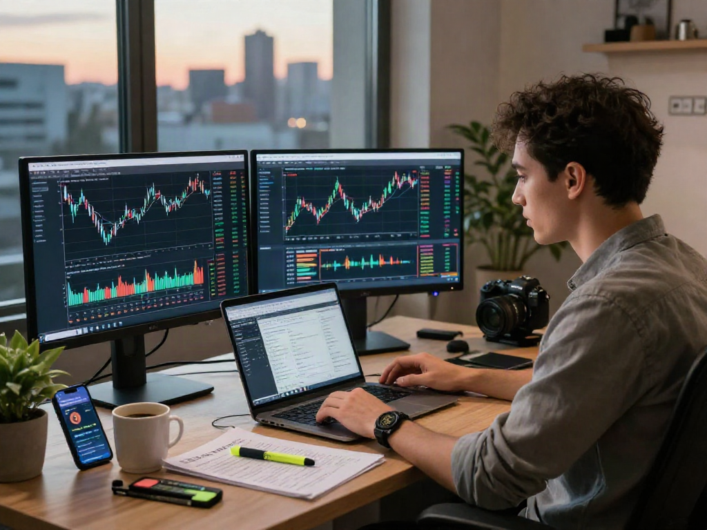 Análisis del precio btc en un espacio de trabajo acogedor con gráficos y notas.