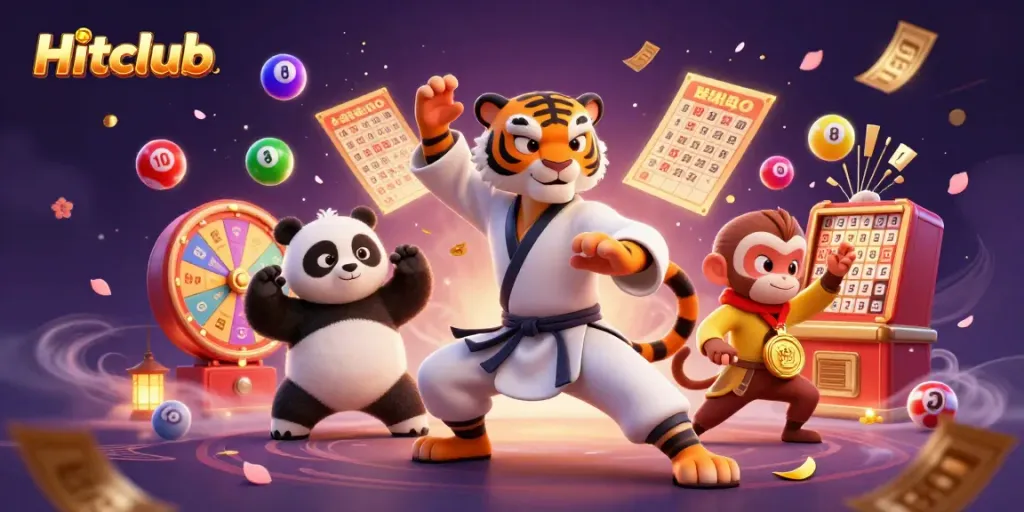 Hitclub's dynamic gaming experience illustrated with a kung fu tiger, panda disciple, and playful monkey in a vibrant casino setting.