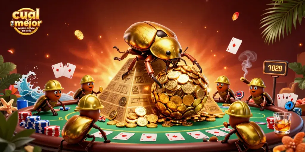 En esta colorida ilustración se muestra cuál es el mejor casino online en Chile, con un escarabajo dorado y elementos de juego.