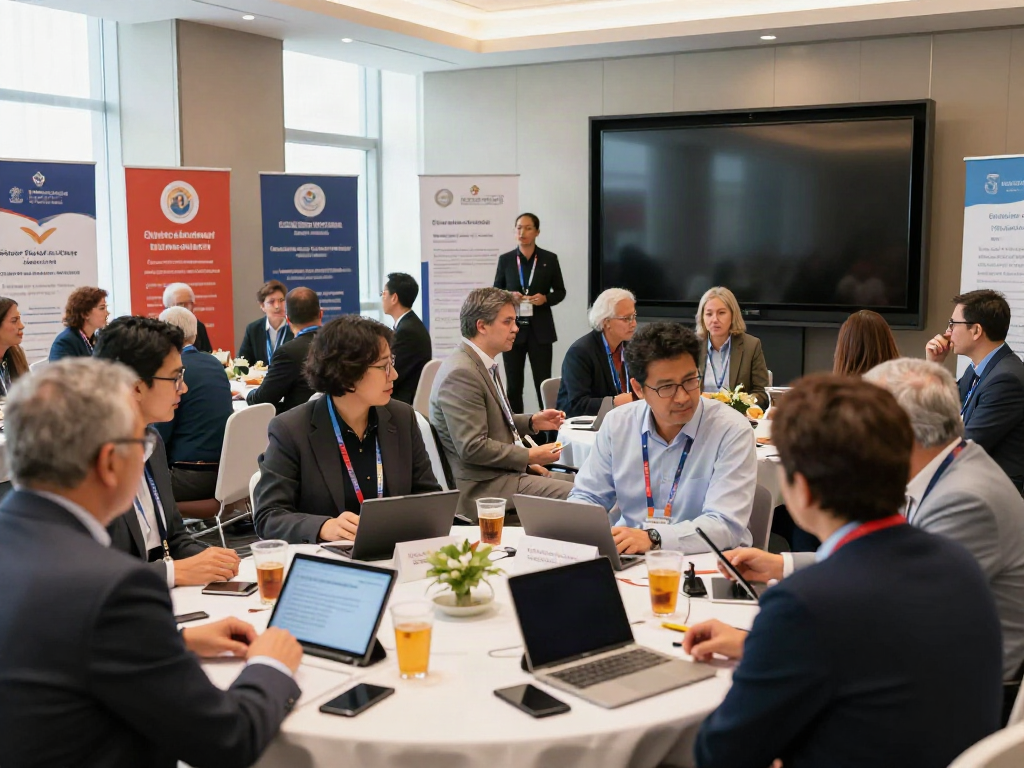 Attendees networking at the Expositores conference, showcasing vibrant discussions in a professional setting.