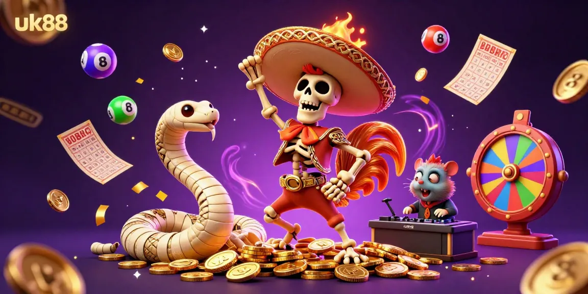 Experience thrilling gameplay with uk88 featuring a fiesta of colorful characters and casino elements.