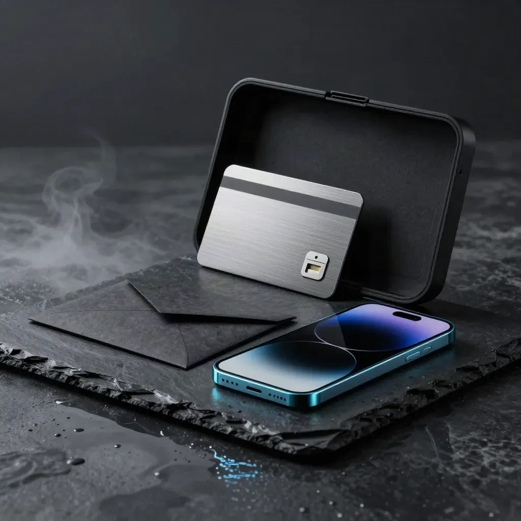 Kit premium de membresía cripto sobre pizarra oscura con tarjeta, NFC, móvil y sobre.