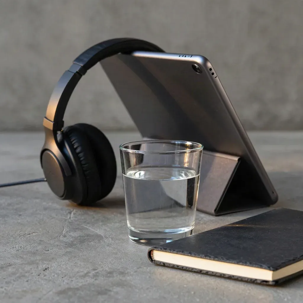Tableta oscura, auriculares cerrados, vaso de agua y libreta sobre concreto, con luz fría.