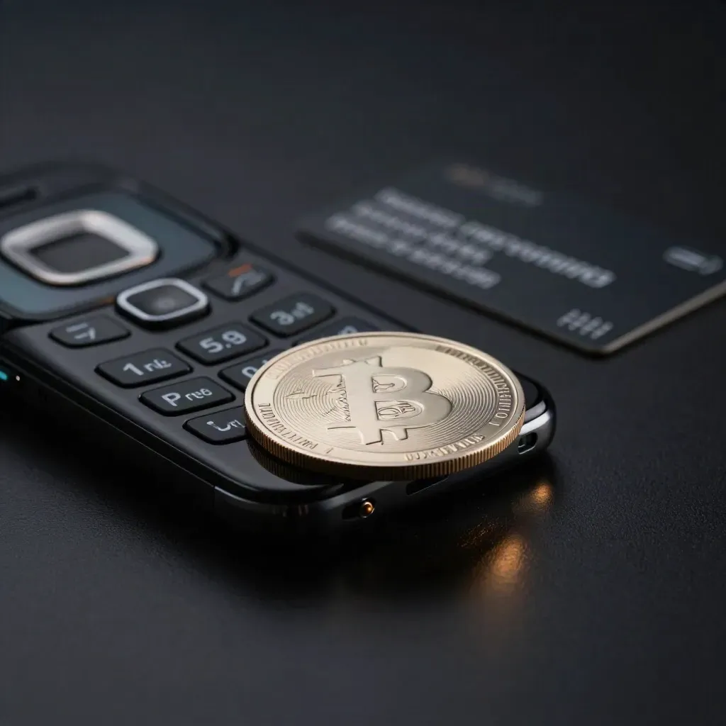 Móvil apagado con alerta, ficha metálica y tarjeta de altcoins sobre fondo oscuro.