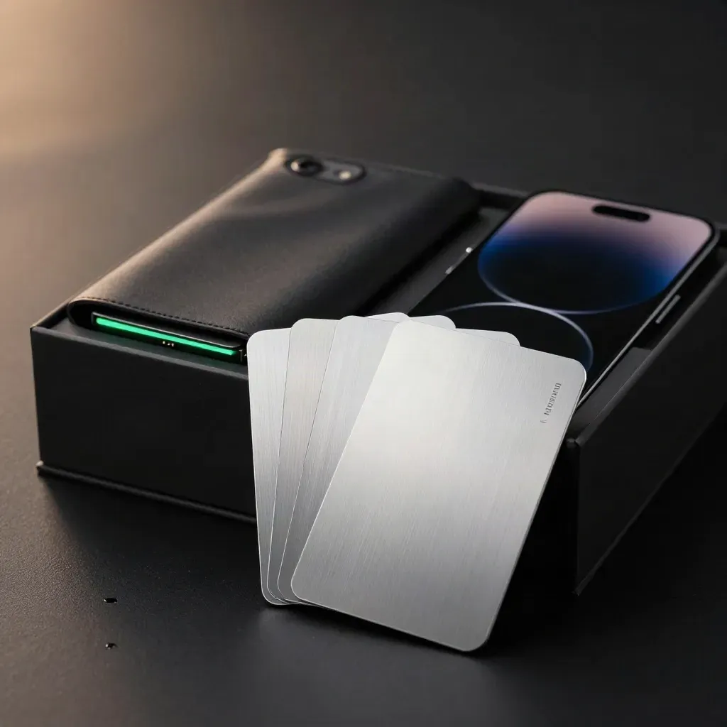 Kit cripto premium sobre fondo negro, con caja rígida, tarjetas metálicas, chip verde y móvil apagado.