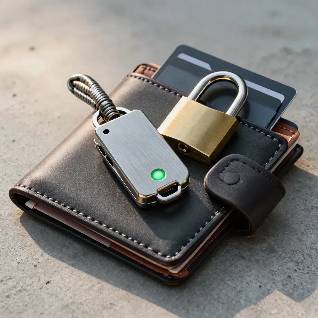 Kit de seguridad cripto con wallet, llave 2FA, candado y cable trenzado sobre hormigón claro.