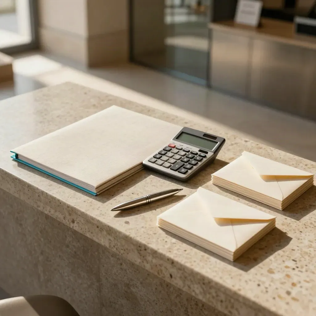Kit limpio para seminario fiscal cripto sobre travertino cálido, con carpeta, calculadora y sobres.