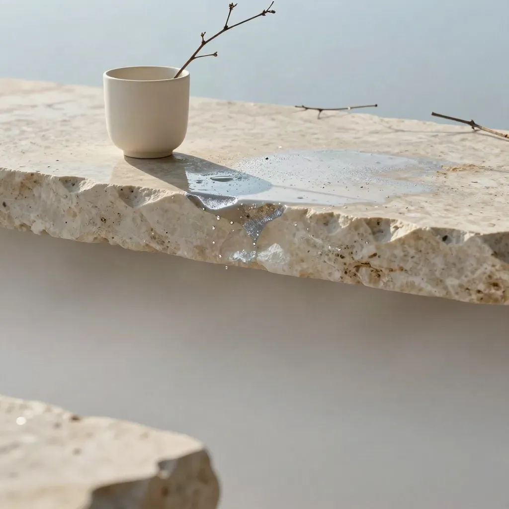 Losa de travertino con taza de cerámica y rama seca, luz suave y espacio vacío para texto.