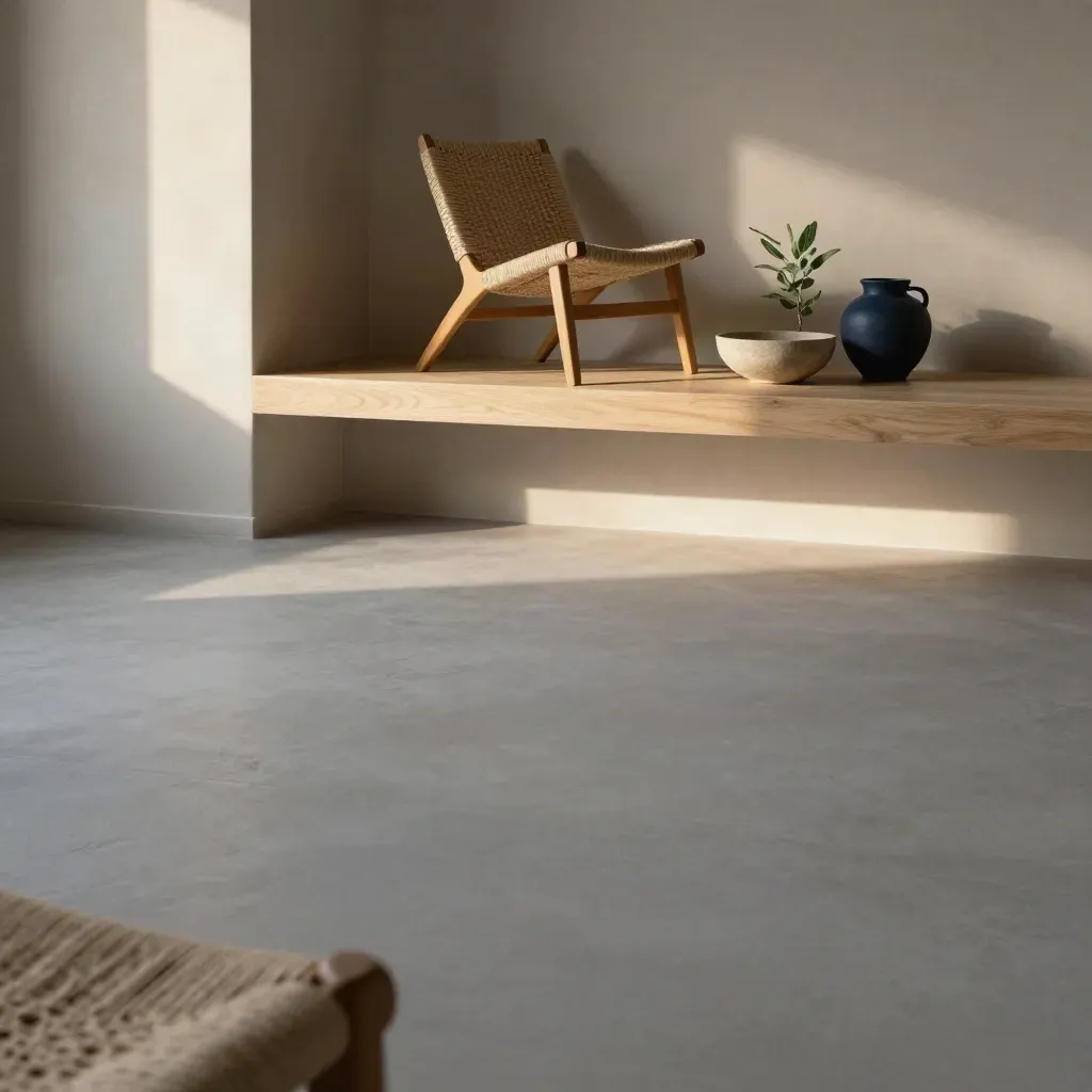 Nicho de roble claro, columna de yeso y silla de fibra con luz cálida y espacio para texto.