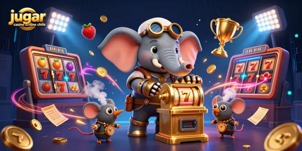 Jugar casino online Chile en una ilustración 3D con un elefante ingeniero y tragamonedas.