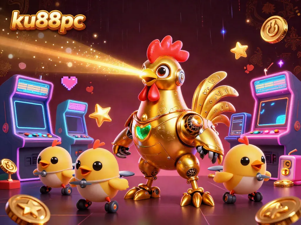 Engage with thrilling games at ku88pc, featuring a robot rooster amidst a vibrant casino scene.