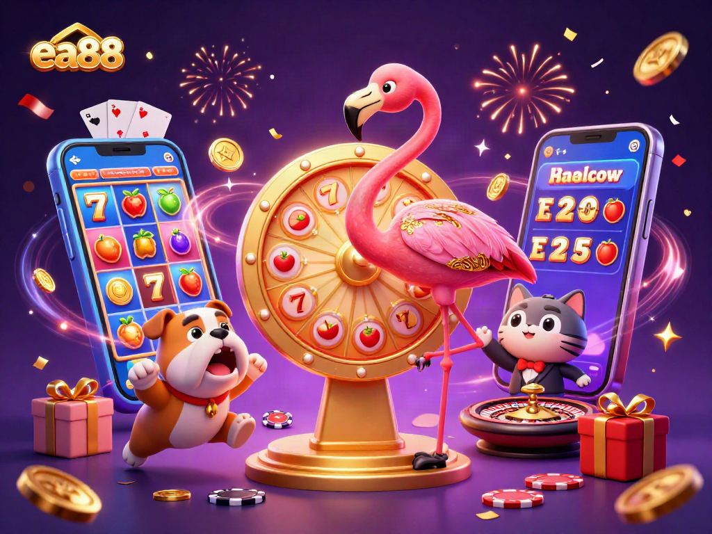 Experience the thrill of winning at ea88 with colorful slots and a vibrant game show scene featuring exciting characters.