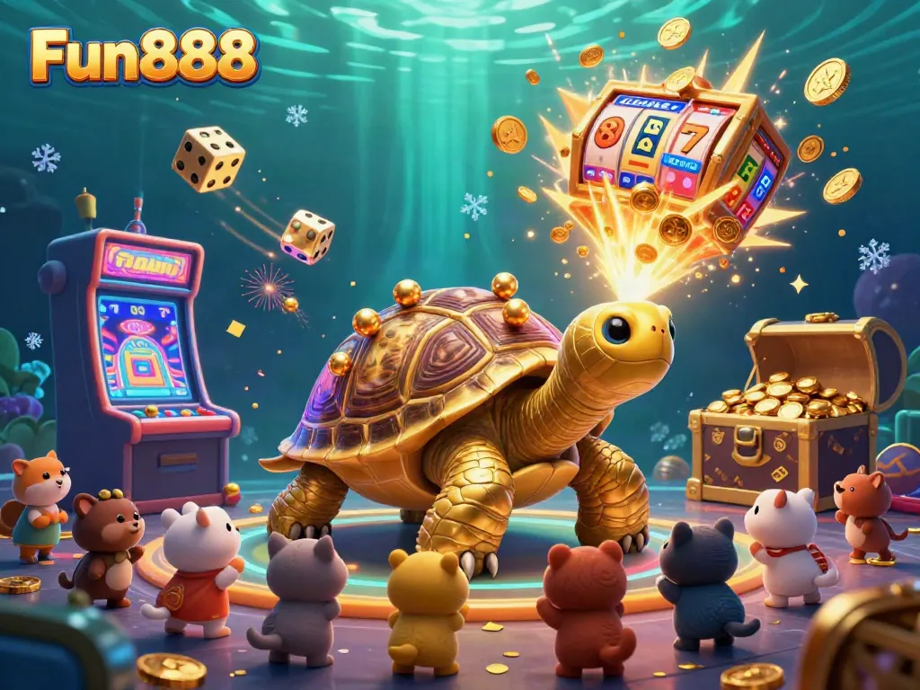 Experience the thrilling Fun888 gameplay with a vibrant pinball tortoise and dynamic casino elements.