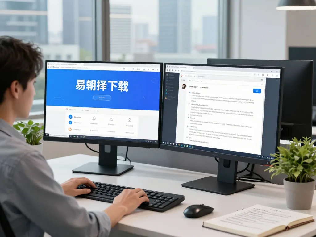 用户在现代办公室环境中使用易翻译下载，展示无缝翻译体验。