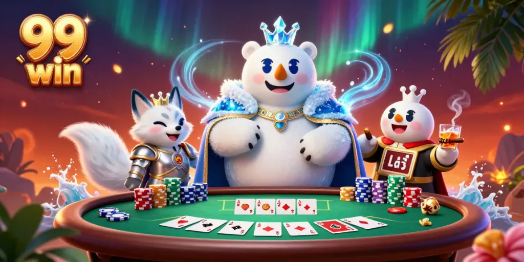 Engage in exciting poker action with the 99 win brand featuring a splendid ice king and snow fox in a vibrant casino setting.