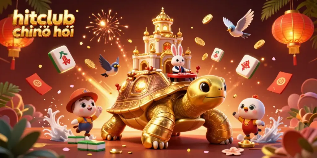 Win big with hitclub chính chủ at an ultra-detailed casino scene featuring a golden tortoise and dealer.