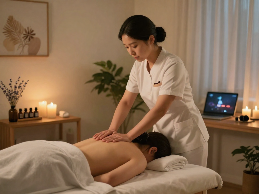 Enjoying an 일산출장안마 session with a professional therapist in a cozy, relaxing home environment focusing on personalized wellness.