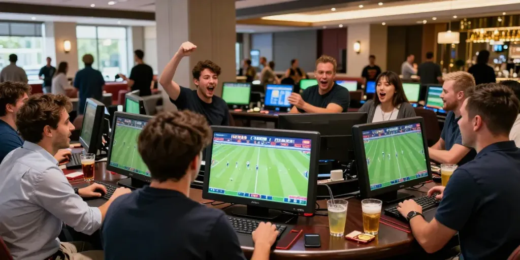Exciting sports betting scene at FC88 with friends cheering on a football match.