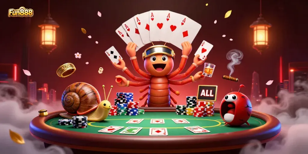 Experience Fun888's vibrant casino world with a dynamic dealer and high-roller characters showcasing poker excitement.